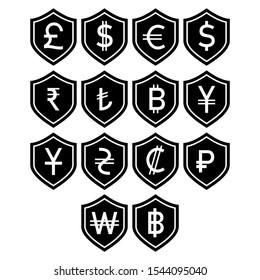 All currency collection with black shield protection security payment icon logo design vector symbol illustration.