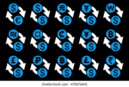 All Currency Exchange vector icons. Pictogram style is bicolor blue and white flat icons with rounded angles on a black background.