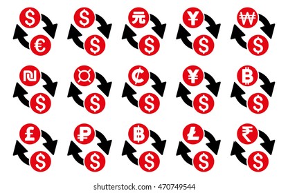 All Currency Exchange vector icons. Pictogram style is bicolor intensive red and black flat icons with rounded angles on a white background.