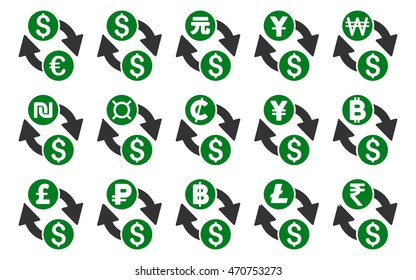 All Currency Exchange vector icons. Pictogram style is bicolor green and gray flat icons with rounded angles on a white background.