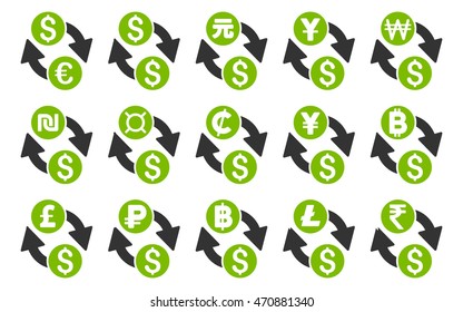 All Currency Exchange vector icons. Pictogram style is bicolor eco green and gray flat icons with rounded angles on a white background.