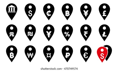 All Currency Map Markers vector icons. Pictogram style is bicolor intensive red and black flat icons with rounded angles on a white background.