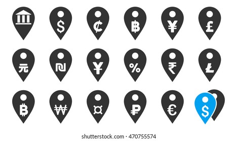 All Currency Map Markers vector icons. Pictogram style is bicolor blue and gray flat icons with rounded angles on a white background.