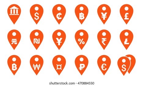 All Currency Map Markers vector icons. Pictogram style is orange flat icons with rounded angles on a white background.