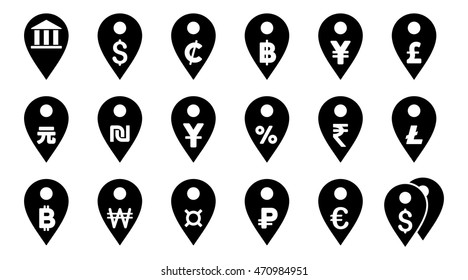 All Currency Map Markers vector icons. Pictogram style is black flat icons with rounded angles on a white background.