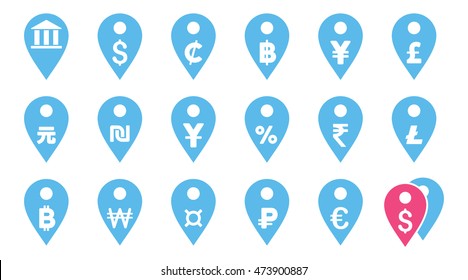 All Currency Map Markers vector icons. Pictogram style is bicolor pink and blue flat icons with rounded angles on a white background.