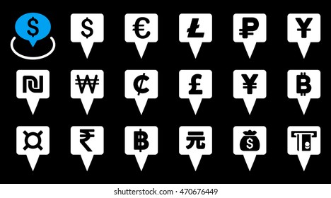 All Currency Map Pointers vector icons. Pictogram style is bicolor blue and white flat icons with rounded angles on a black background.