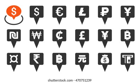 All Currency Map Pointers vector icons. Pictogram style is bicolor orange and gray flat icons with rounded angles on a white background.