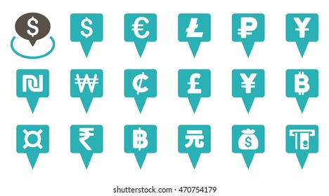 All Currency Map Pointers vector icons. Pictogram style is bicolor grey and cyan flat icons with rounded angles on a white background.