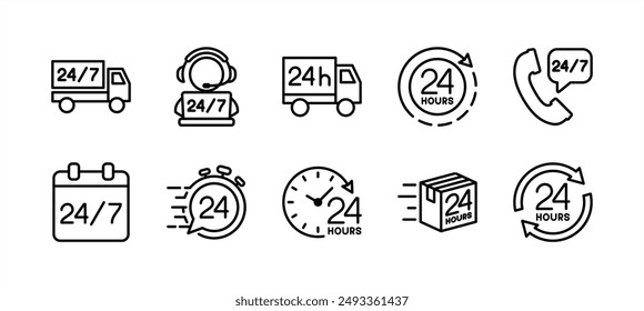All day 24 hours line icon vector set. Time, clock, timer, stopwatch symbol. Containing delivery, shipping, customer service, contact support, express or fast, call center, calendar, and progress