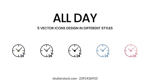 All Day Icon Design in Five style with Editable Stroke. Line, Solid, Flat Line, Duo Tone Color, and Color Gradient Line. Suitable for Web Page, Mobile App, UI, UX and GUI design.