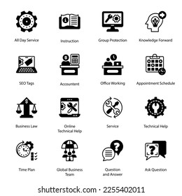 All Day Service, Instruction, Maintenance, Knowledge Forward, Business Law, Online Technical Help, Service, Technical Help, Question and Answer, Ask Question, Glyph Icons - Solid, Vectors