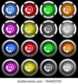 All day service white icons in round glossy buttons with steel frames on black background. The buttons are in two different styles and eight colors.