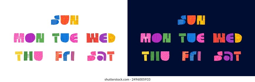 All days of the week abstract decorative inscription concept. Modern colorful graphic shapes planer word lettering. Calendar schedule trendy creative text. Weekday and weekend day eps badge collection