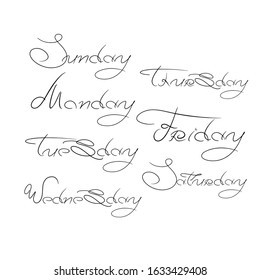 All days of week Line art font with black lettering hand drawn for concept design. daily, typography . illustration background. caligraphy text. Isolated on white background