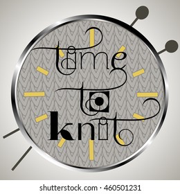 All dial template with marks for hours digits.Time to knit. Logo shop for knitting, yarn, knitting needles.