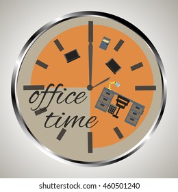 All dial template with marks for hours digits.  Office time, office furniture, computer, desk. 