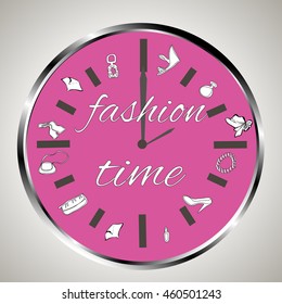 All dial template with marks for hours digits. Pink dial, fashion items, shoes, handbags, cosmetic bag.