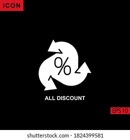 all discount item with arrow percentage vector icon on black background. Illustration flat glyph icon for graphic, print media interfaces and web design