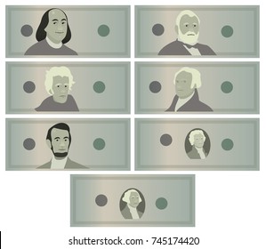 all Dollars Banknotes Set Vector. Cartoon US Currency. American Money Bill Isolated Illustration. Cash Dollar Symbol. Every Denomination Of USA Currency Note. Portraits of Presidents. Washington Grant