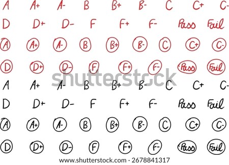 all educational grades from A to F hand written with paintbrush, vector illustration  of exams grades in black and red 