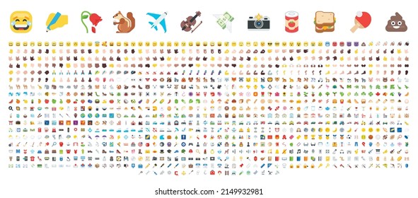 All Emoticons In One Big Collection. Emoji Vector Set. Transport, Animal, Sport, Music, Technology And Food Icon Set
