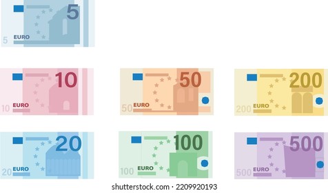 
All euro banknotes  5, 10, 20, 50, 100, 200 and 500, euros bills.
Euro currency banknotes. Big stack of money. Simple, flat style. Graphic vector illustration. European paper money backdrop with. svg