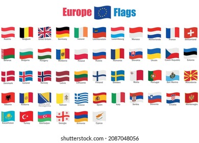 Toda Europa tiene banderas. Banderas estatales de países europeos aisladas en un fondo blanco.