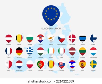 All Europe Flags pin shape with shadow . buttons isolated on white