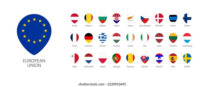 All Europe Flags pin shape with shadow . buttons isolated on white