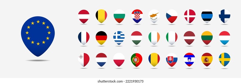 All Europe Flags pin shape with shadow . buttons isolated on white