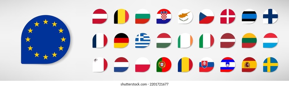 All Europe Flags round rectangle flat buttons isolated on white