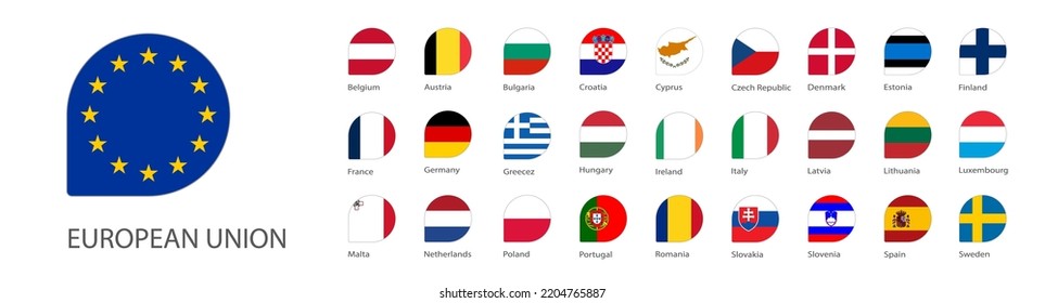 All Europe Flags round rectangle flat buttons isolated on white