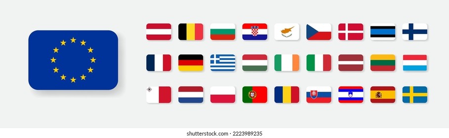 All Europe Flags round rectangle flat buttons isolated on white