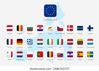 All Europe Flags rounded square shape with shadow. buttons isolated on white