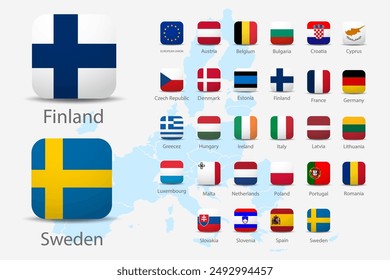 All Europe Flags rounded square shape with shadow. buttons isolated on white