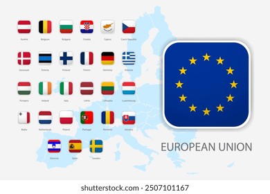 All Europe Flags rounded square shape with shadow. buttons isolated on white
