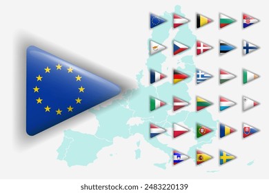 All Europe Flags rounded triangle shape with shadow . buttons isolated on white