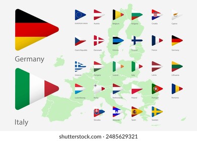 All Europe Flags rounded triangle shape with shadow . buttons isolated on white