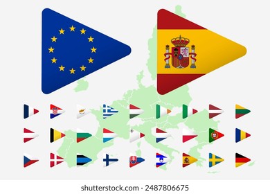 All Europe Flags rounded triangle shape with shadow . buttons isolated on white