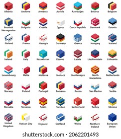 all european countries flags in cube isometric design vector set