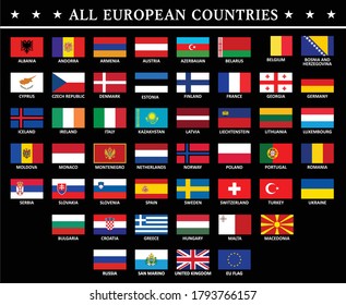 All European flags set Black background