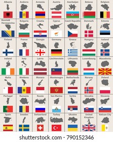 All european maps and flags. Vector set