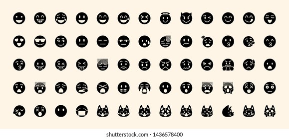 All face emojis, emoticons, emotions flat vector illustration symbols. Faces, feelings, situations, shy, embarrassed, smile, mood, joke, lol, laugh, cry, happy icons