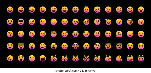All face emojis, emoticons, emotions flat vector illustration symbols. Faces, feelings, situations, shy, embarrassed, smile, mood, joke, lol, laugh, cry, happy icons