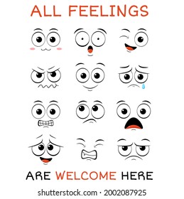 All feeling are welcome here. Vector banner with affirmation for kids playroom. Cute inspirational card with emojis and lettering. Motivational quote for greeting card, invitation, poster, nursery