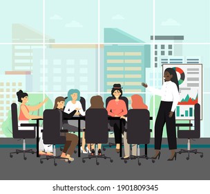 All female board with black chairwoman, concept vector illustration. Board of directors meeting with black woman as a CEO. Business executive meeting and presentation. Business concefence