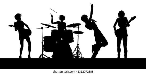 An all female women s musical group or rock band playing a concert in silhouette