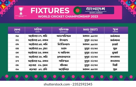 All Fixtures of Bangladesh in World Cricket Championship 2023 in Bangla Language
