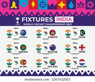 Todos los partidos de India en el Campeonato Mundial de Cricket 2023 con bandera redonda de todos los países participantes